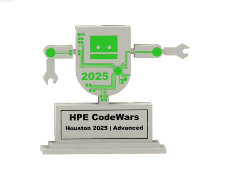 A custom trophy in the shape of a robot with circuit-themed details and “2025” text, created by PlastiForge3D for the HPE CodeWars Houston 2025 Advanced event