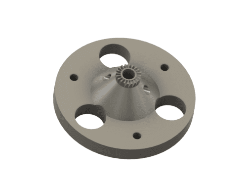 A precision 3D-designed motor mount component featuring integrated cooling fins, prototyped in high-temperature resistant filament by PlastiForge3D.