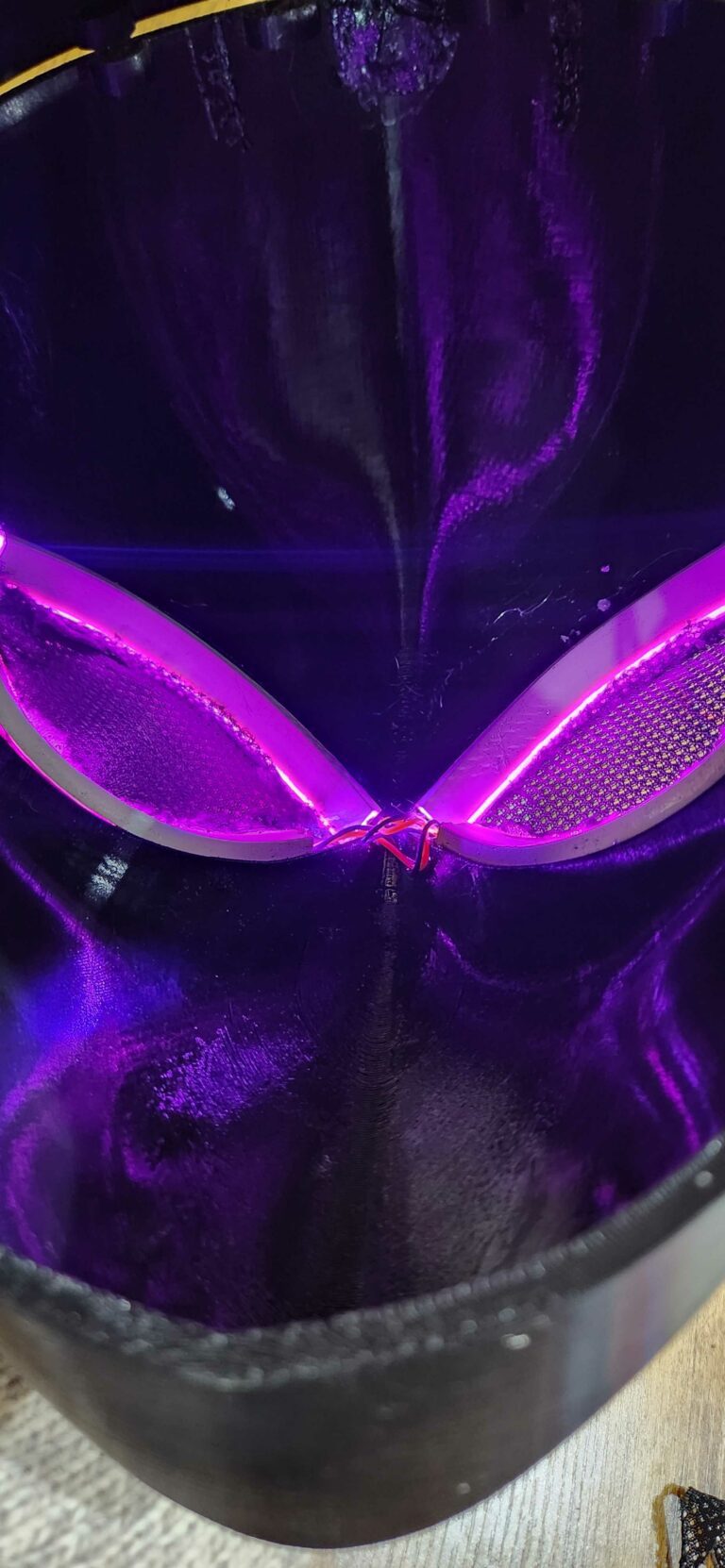 cosplay mask design print with LED light-up prototype inside view