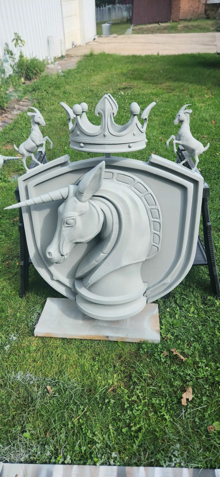 Unicorn knight crest 3D print with crown and rearing goats by PlastiForge3D