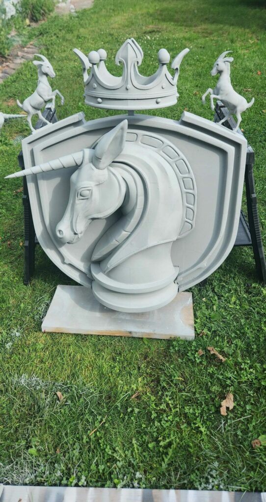 Unicorn knight crest 3D print with crown and rearing goats by PlastiForge3D