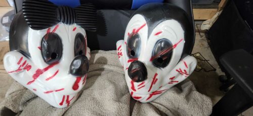 Mickey and Minnie Custom 3D printed masks with horror-style paint for Halloween
