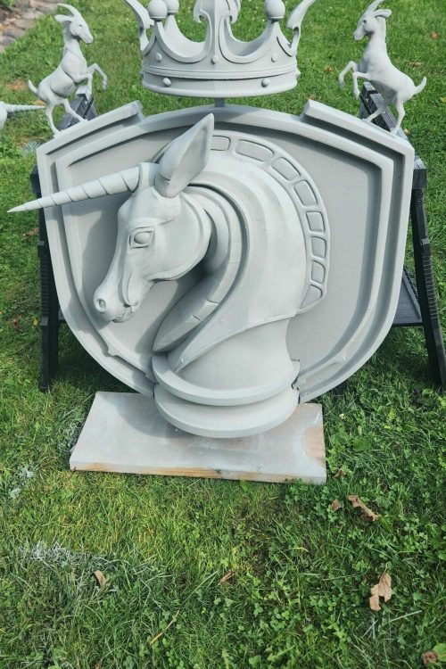 Unicorn knight crest 3D print with crown and rearing goats by PlastiForge3D