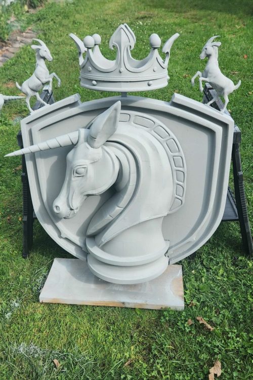 Unicorn knight crest 3D print with crown and rearing goats by PlastiForge3D